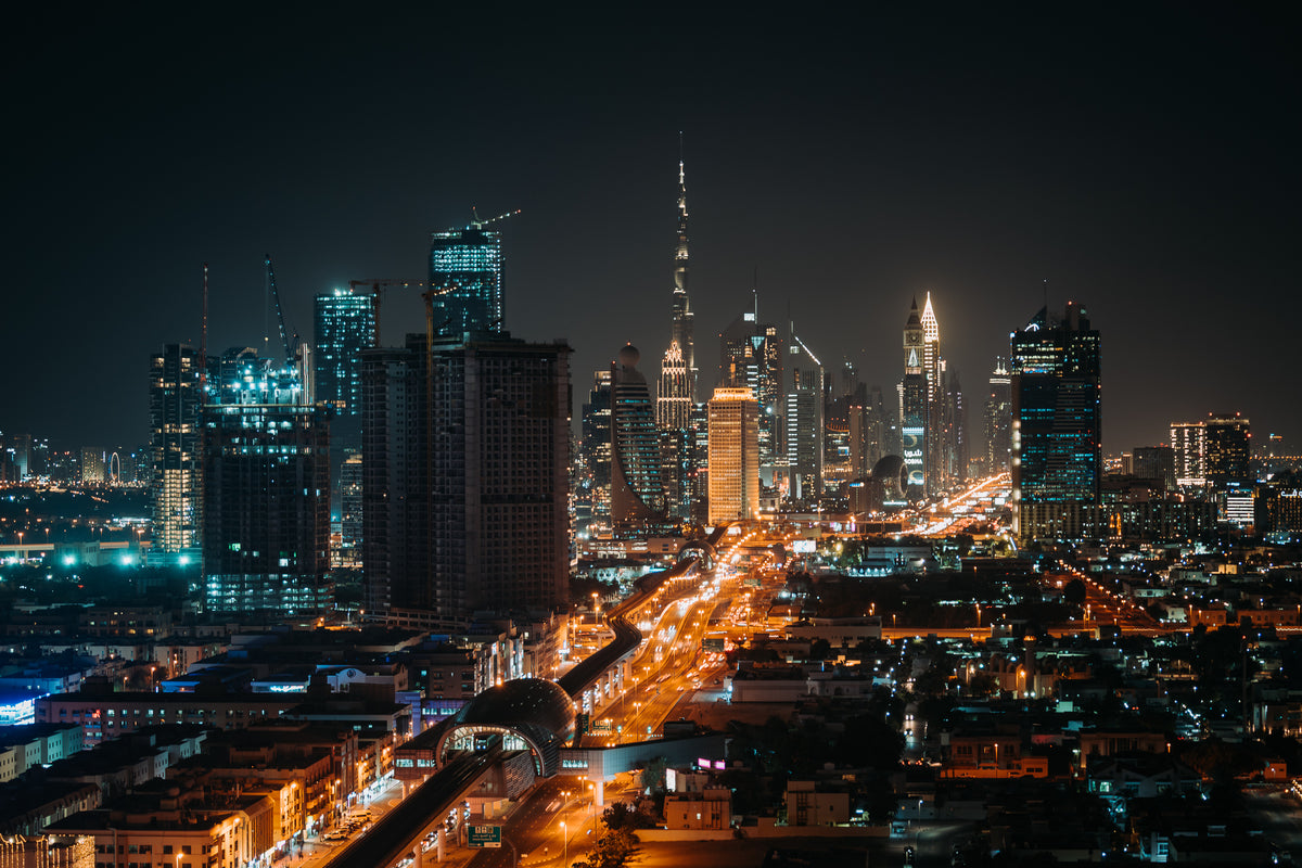 The Dubai skyline with the Burj Khalifa at night