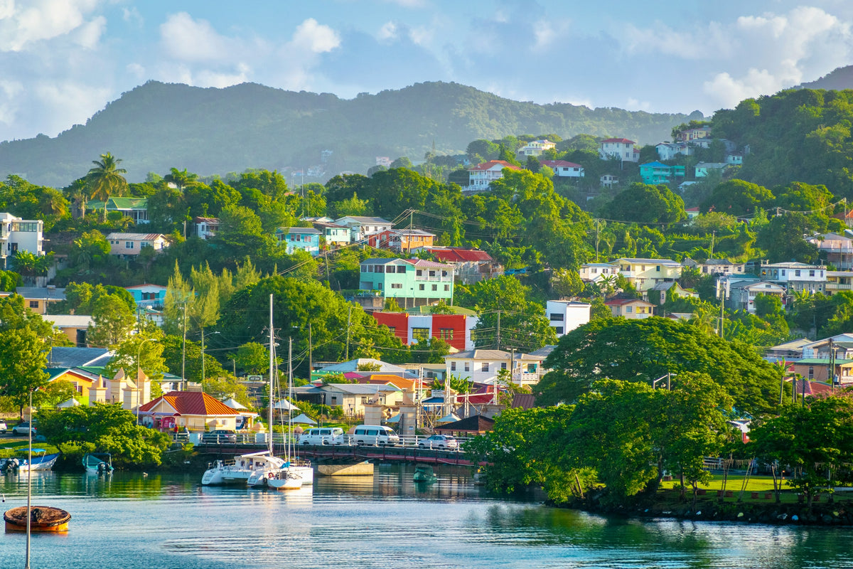 Harbour village and green hills, Saint Lucia