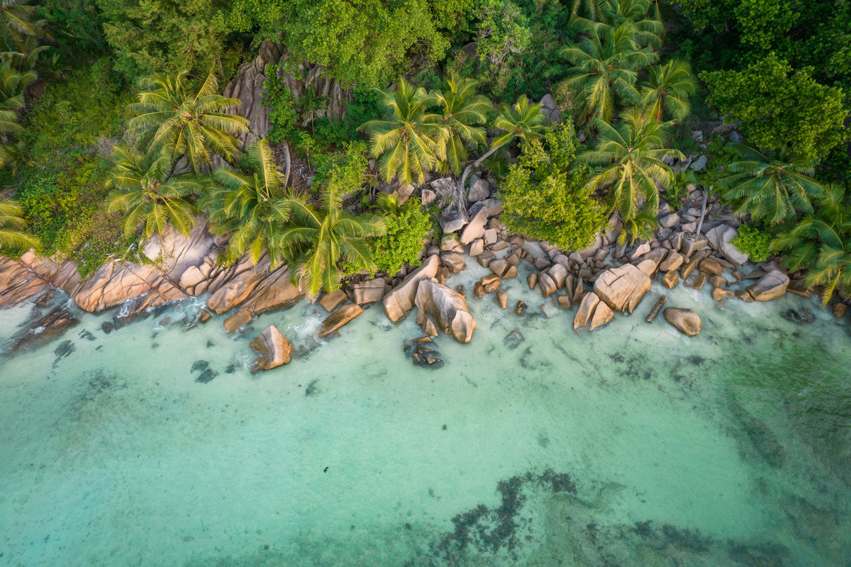 Granite rocks and turquoise sea from above, Seychelles