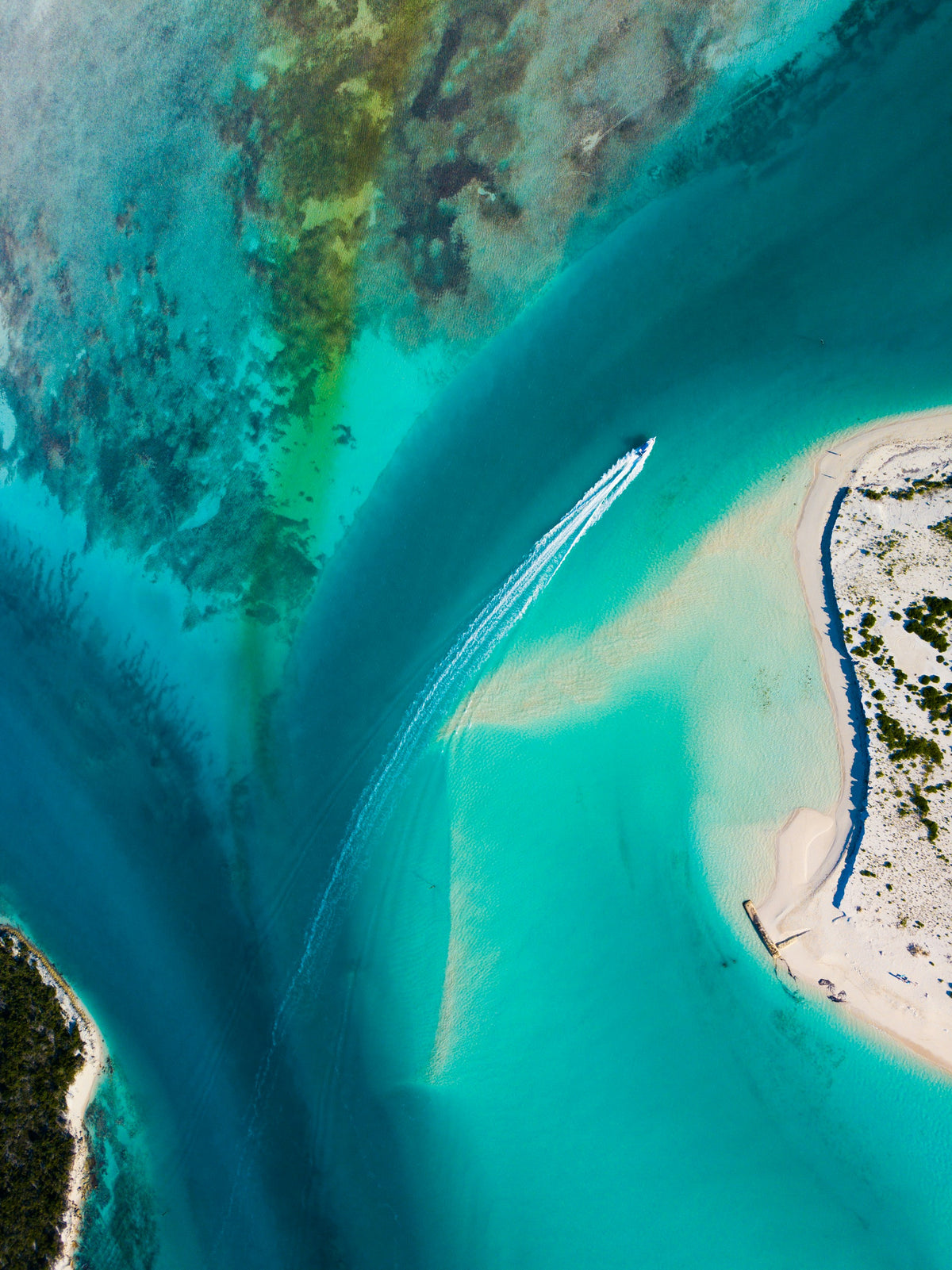Sandbanks in turquoise water from above, Turks and Caicos Islands