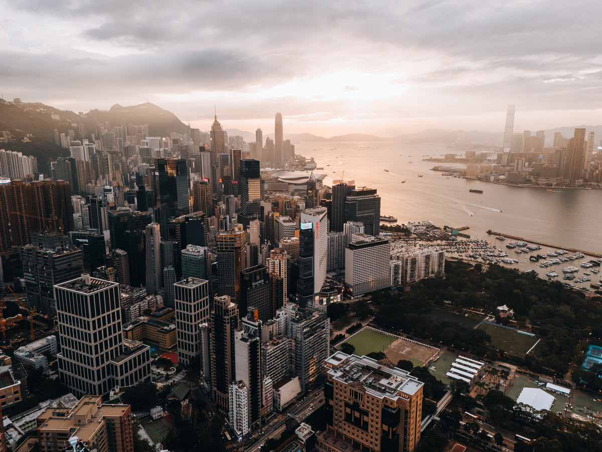 Skyscrapers along Victoria Harbour in Hong Kong, seen from above