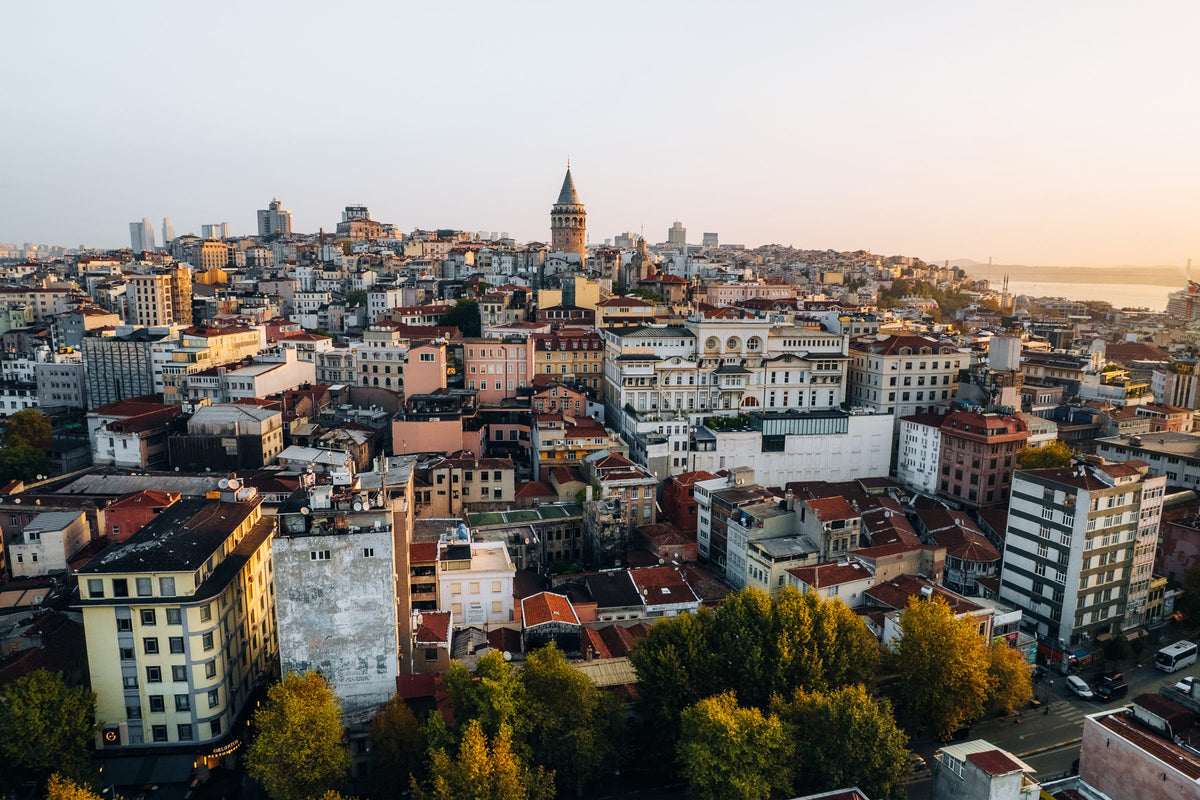 Rooftops of Istanbul with Galata Tower at sunset