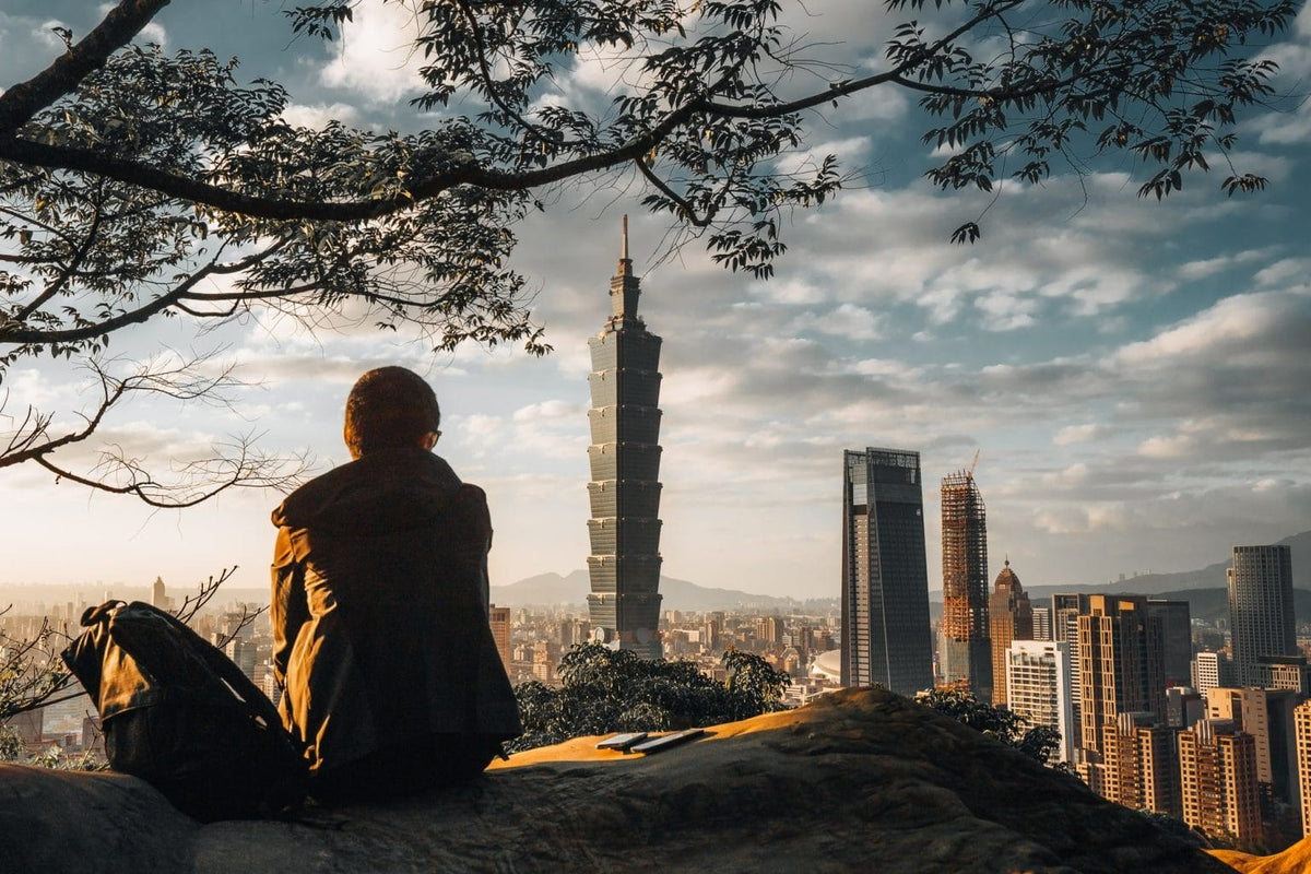 A traveller looking out over Taipei and Taipei 101 from Elephant Mountain, Taiwan