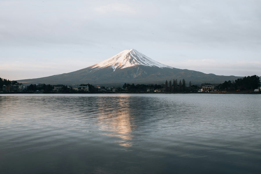 Snow-capped Mount Fuji reflected in Lake Kawaguchi