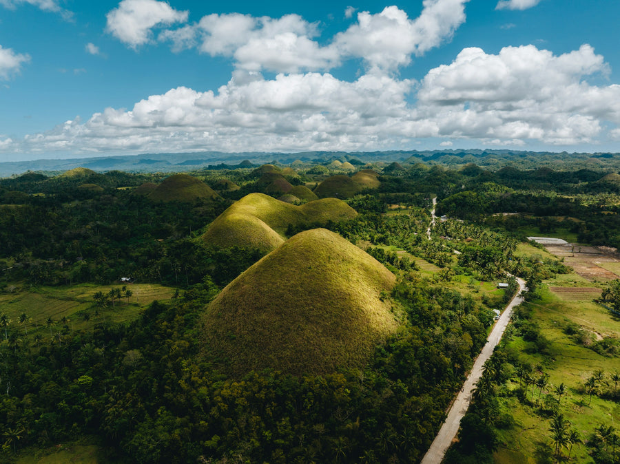 The rounded Chocolate Hills covered in green grass on Bohol