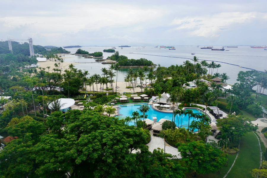 Resortzwembaden, palmbomen en stranden op Sentosa, van bovenaf gezien