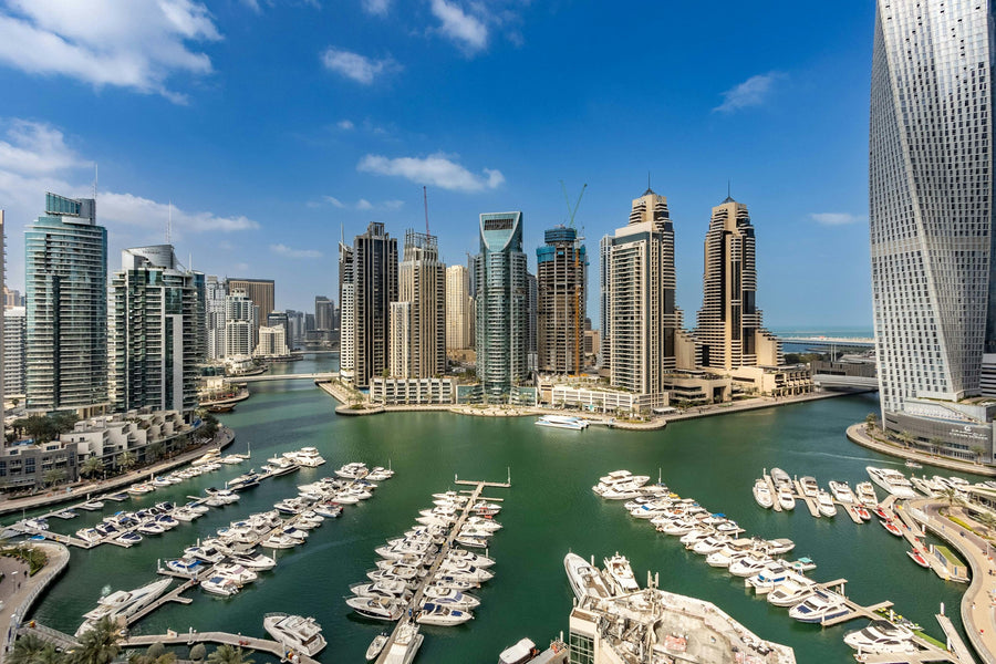 Skyscrapers and yachts in Dubai Marina
